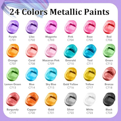 24 Colors Acrylic Metallic Paint Set with 12 Brushes (48 Fl Oz)