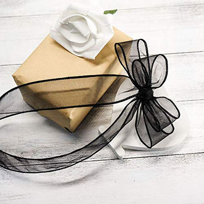Sheer Organza Wired Ribbon 1.5" x 25 Yards x 2 Rolls Black for Wedding Chair Bow Flora Bouquet Gift Wrapping Christmas Tree Home Decor Wreath (150 Foot)
