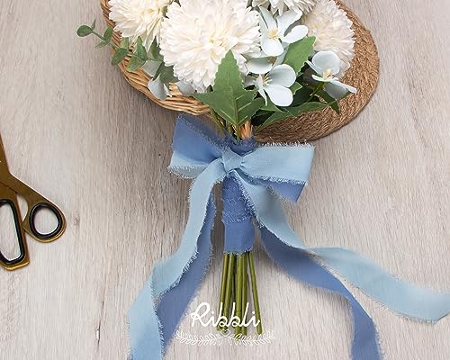 Dusty Blue Chiffon Ribbon 1 Inch x 20 Yard Handmade Fringe Chiffon Silk Ribbon Dusty Blue Ribbon for Gifts Wrapping (60 Foot)