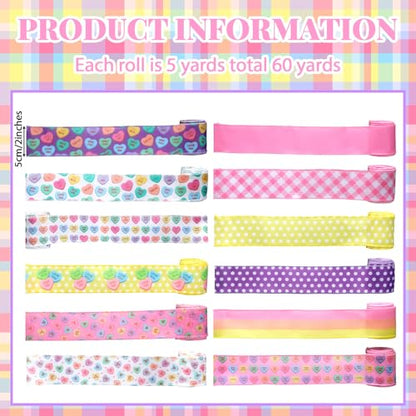 12 Rolls Valentines Day Wired Edge Ribbon for Wreaths 2 Inch x 60 Yards Conversation Heart Candy Color Dots Stripes Print Grosgrain Ribbon for Valentines Day Party Decorative Supplies (12 Count)