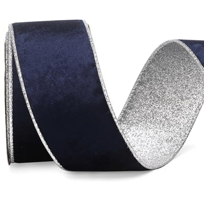 Navy Velvet Wired Ribbon 2.5 Inch Navy Velvet with Silver Glitter Christmas Ribbon for Christmas Tree Decoration Big Bow Gift Wrapping Crafts Wreaths Supplies (30 Foot)