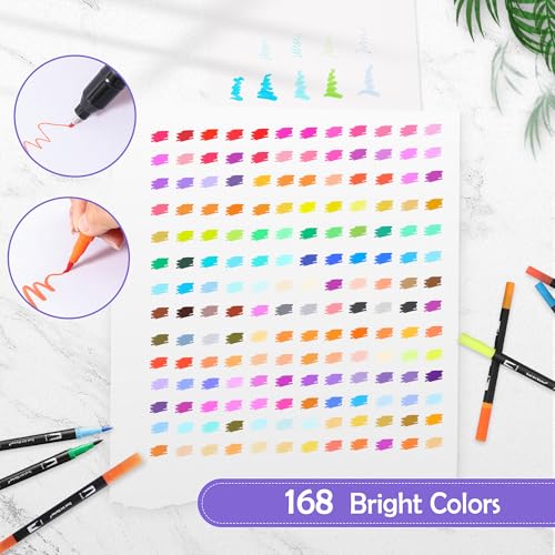 168 Colors Dual Tip Watercolor Paint Markers Pens (168 Count)