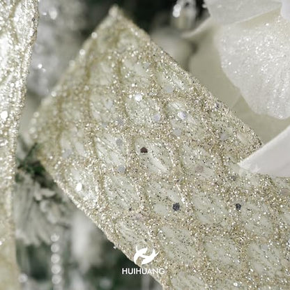 Glitter Champagne Wired Christmas Ribbon 2.5 inch x 10 Yards (30 Foot)