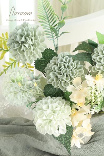 Artificial Dahlia Flowers 25pcs Real Looking Sage Green & Mint Green Foam Fake Roses with Stems for DIY Wedding Bouquets Bridal Shower Centerpieces Floral Arrangements Party Tables Decoration (25 Count)