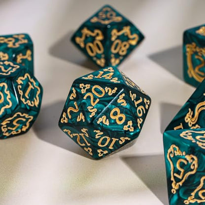 7 Die DND Dice Set Dragon Pattern Polyhedral Die with Leather Bag (7 Count)