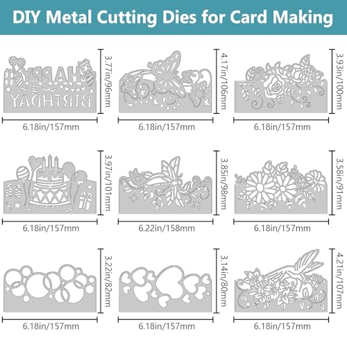 9PCS Die Cuts for Card Making Metal Cutting Dies Flower Butterfly Dragonfly Bird Bubbles Love Heart Happy Birthday Cake Cutting Embossing Stencil Template DIY Paper Cards Album Decoration (9 Count)