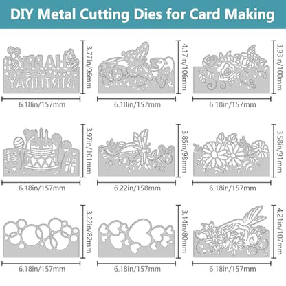 9PCS Die Cuts for Card Making Metal Cutting Dies Flower Butterfly Dragonfly Bird Bubbles Love Heart Happy Birthday Cake Cutting Embossing Stencil Template DIY Paper Cards Album Decoration (9 Count)