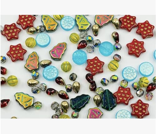 2.1oz (60g) of Christmas Czech Glass Bead Mix 2024 with Trees, Melons, Snowflakes and Faceted Beads, Dark Green Yellow Xmas (2.1164 Ounce)