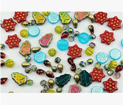 2.1oz (60g) of Christmas Czech Glass Bead Mix 2024 with Trees, Melons, Snowflakes and Faceted Beads, Dark Green Yellow Xmas (2.1164 Ounce)