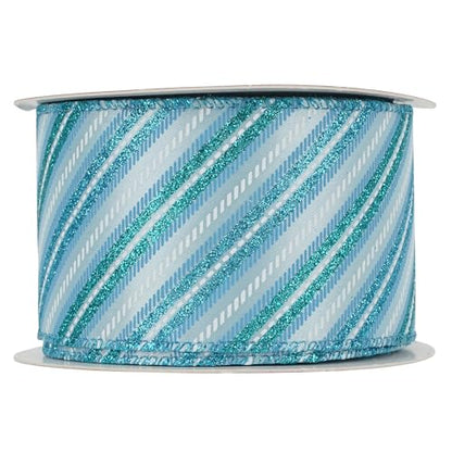 Blue Diagonal Stripe Ribbon 2.5 Inch Blue Satin with Turquoise and Teal Glitter Wired Ribbon for Wreath Bow (30 Foot)