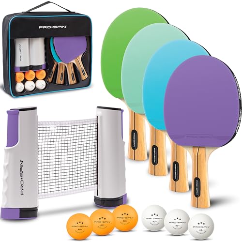 Portable Ping Pong Set with Retractable Ping Pong Net for Any Table (4 Count)