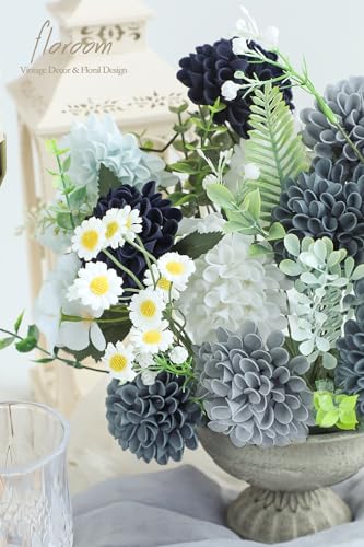 Artificial Dahlia Flowers 25pcs Real Looking Blue Shades Foam Fake Roses with Stems for DIY Wedding Bouquets Bridal Shower Centerpieces Floral Arrangements Party Tables Home Decoration (25 Count)