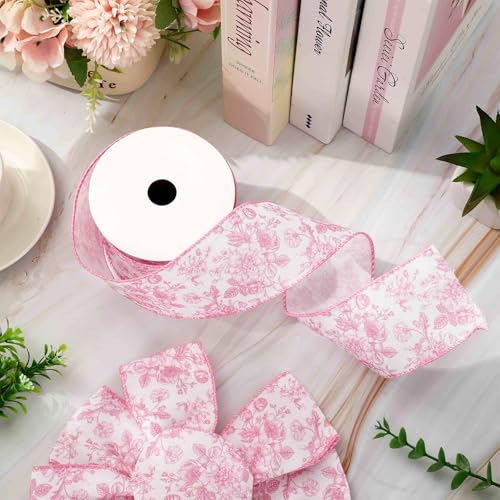 Floral Wired Edge Ribbon Roll Pink Flower Chinoiserie Fabric Ribbon for Wreath Bow Making DIY Crafts Gift Wrapping