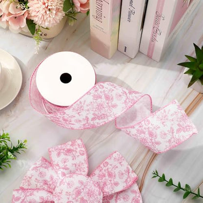 Floral Wired Edge Ribbon Roll Pink Flower Chinoiserie Fabric Ribbon for Wreath Bow Making DIY Crafts Gift Wrapping