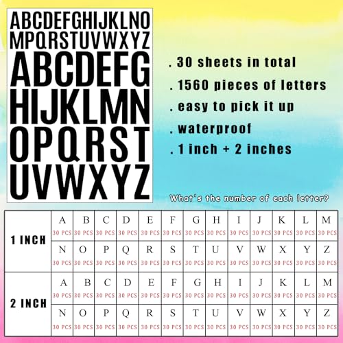 Letter Stickers 1560 Pieces 30 Sheets Stick on Vinyl Letters Capital Alphabet Sticker Letter for Craft Bulletin Boards Classroom Home Business Decor (1560 Count)