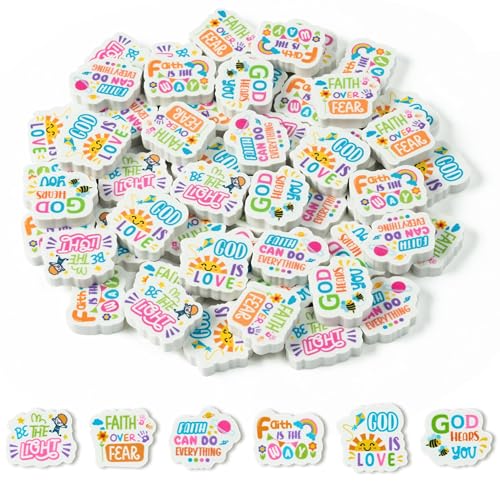 Christian Inspirational Mini Erasers Back to School 60Pcs Inspirational Faith Over Fear Pencil Eraser Colorful God 3D Desk Puzzle Statione Pet for Student Kid Classroom Reward Birthday Supplies (60 Count)