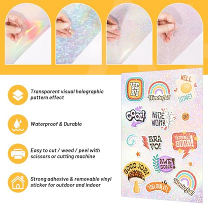 Holographic Laminate Sheets for Stickers Self Adhesive Vinyl Laminating Sheets Holographic Sticker Paper Clear Vinyl for Inkjet Printer 8.26" x 11.69" A4 28 Sheets