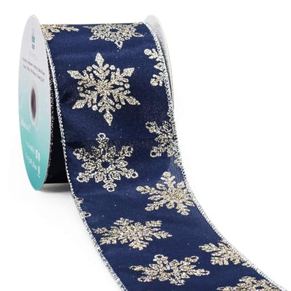 Navy Satin Gold Snowflake Wired Ribbon 2.5 Inch x 10 Yards for Christmas Home Decor Tree Topper Bow Gift Wrapping DIY Crafts Wreath Garland (30 Foot)