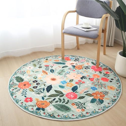 Round Rug 4ft Washable Circle Rug Non Slip Low Pile Boho Floral Small Circular Rug for Bedroom
