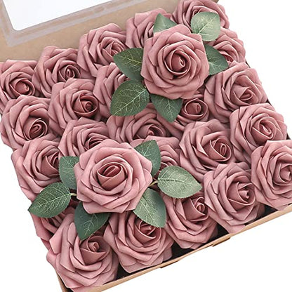 Artificial Flowers 25pcs Real Looking Dusty Rose Foam Fake Roses with Stems for DIY Wedding Bouquets Bridal Shower Centerpieces Floral Arrangements Party Tables Home Decorations (25 Count)