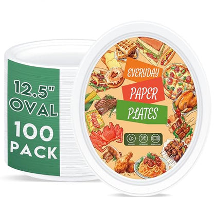 100% Compostable Oval Paper Plates 12 inch Bulk 100 Count