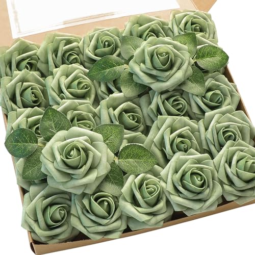 Artificial Flowers 25pcs Real Looking Elf Green Foam Fake Roses with Stems for DIY Wedding Bouquets Bridal Shower Centerpieces Sage Green Floral Arrangements Home Decorations (25 Count)