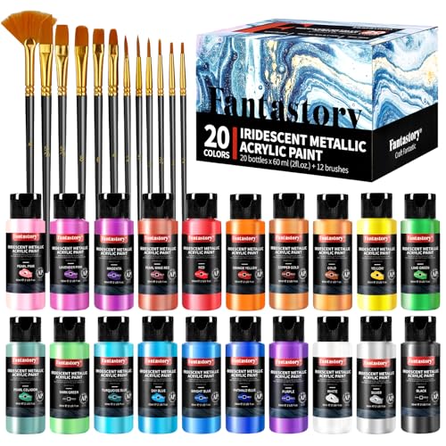 60ml 20 Colors Metallic Acrylic Paint Set with 12 Brushes (40 Fl Oz)