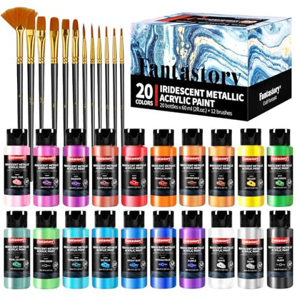 60ml 20 Colors Metallic Acrylic Paint Set with 12 Brushes (40 Fl Oz)
