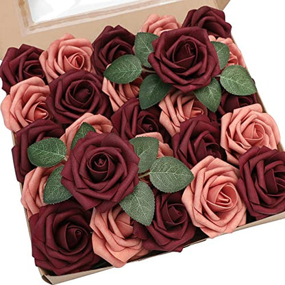 Artificial Flowers 25pcs Real Looking Burgundy & Pinky Cedar Foam Fake Roses with Stems for DIY Wedding Bouquets Bridal Shower Centerpieces Floral Arrangements Party Tables Home Decorations (25 count)