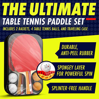 Ping Pong Paddle Set of 2 with 4 Balls & Carry Case for Table Tennis (6 Count)