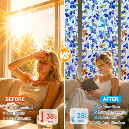 Privacy Window Film Upgraded 24H Day & Night Privacy Heat Insulation Static Cling Decorative Glass Film（Upgraded UV Purple