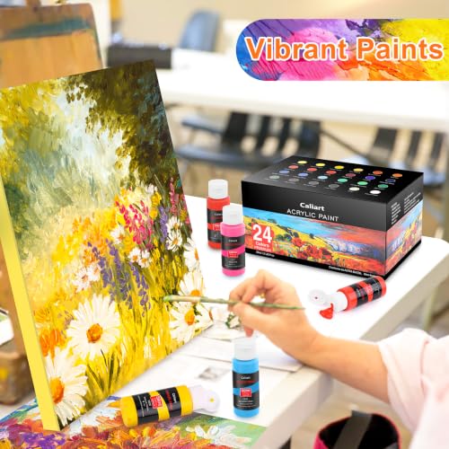 24 Colors Acrylic Paint Set with 12 Brushes (48 Fl Oz)