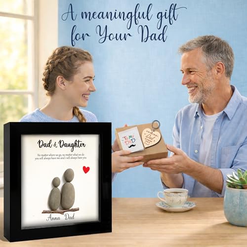 Personalized Dad Pebble Wooden Frame with Ornament Custom Father & Daughter Natural Stone with Meaningful Quote Best Dad Ever Gifts Fathers Day for Father Grandpa Family Keepsake Plaque for Family