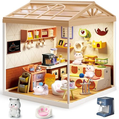 Cute Cat Cafe DIY Miniature House Kit with Roof & LED Light