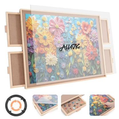 1500 Piece Rotating Puzzle Board with 4 Drawer 24.92"x33.58"Portable Wooden Jigsaw Puzzle Table for Adults