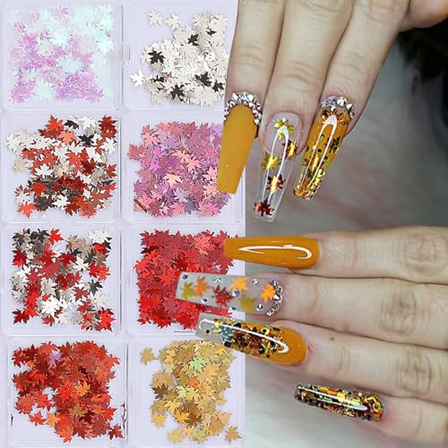 Thanksgiving Glitter Maple Leaf Nail Sequins Fall Nail Flakes Design Nail Charms Holographic Laser Mixed Color 3D Confetti Nail Glitter Sequins for Women (2 Ounce)