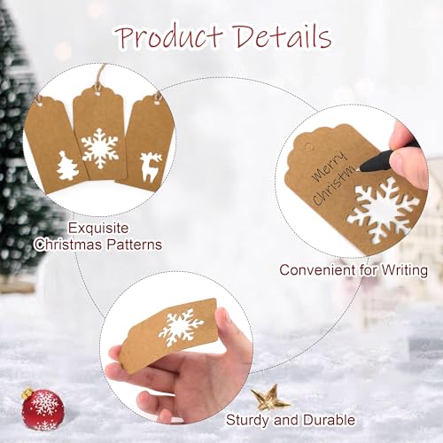150 Pieces Christmas Paper Gift Tags Brown Kraft Tags Hang Labels Christmas Tree Snowflake Reindeer Design with 30 Meters Jute Twine for Christmas DIY Wrapping Favor Holiday Present (150 Count)