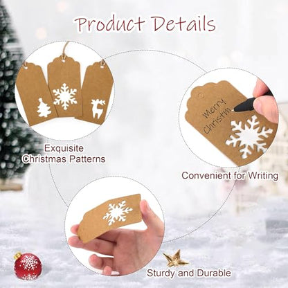 150 Pieces Christmas Paper Gift Tags Brown Kraft Tags Hang Labels Christmas Tree Snowflake Reindeer Design with 30 Meters Jute Twine for Christmas DIY Wrapping Favor Holiday Present (150 Count)