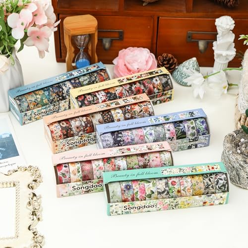 10 Rolls Blooming Flowers Washi Tape Set Floral Arts Adhesive Tapes Colorful Garden Decorative Masking Tape Sets for Craft (10 Count)