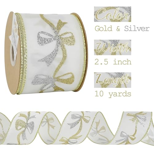 Gold and Silver Christmas Ribbon 2.5 Inch White Satin Ribbons with Gold and Silver Glittery Bows Pattern 10 Yards Christmas Wired Ribbon for Tree (30 Foot)