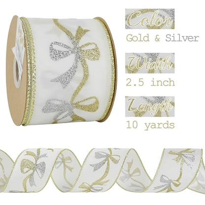 Gold and Silver Christmas Ribbon 2.5 Inch White Satin Ribbons with Gold and Silver Glittery Bows Pattern 10 Yards Christmas Wired Ribbon for Tree (30 Foot)