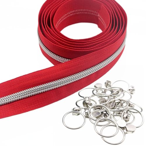 5 Silver Metallic Teeth Nylon Coil Zippers by The Yard Bulk 10 Yards Red Zipper Tape with 25pcs Silver Ring Pull Sliders for DIY Sewing Tailor Craft Bag (25 Count)
