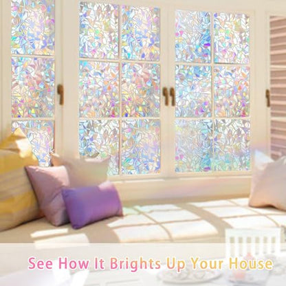 Rainbow Window Privacy Film Glass Door Privacy Film Static Cling Tint Frosted 3D Decorative Window Film Sticker Privacy Decals Non