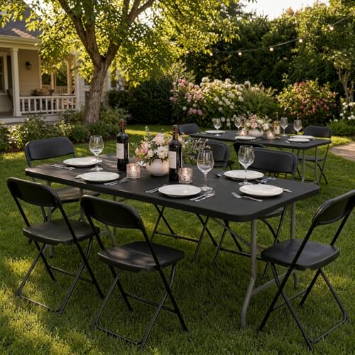Folding Table 6 FT Lightweight Camping Table Black Portable Plastic Rectangular Outdoor Dining Table Steel Legs Fold