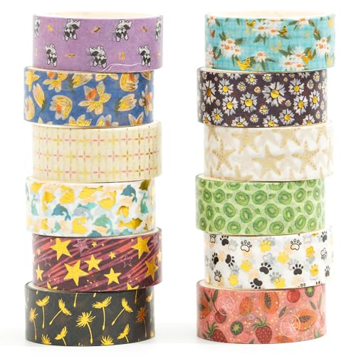 12 Rolls Charming Washi Tape Set Gold Silver Foil Detailing Arts Adhesive Tapes Basic Patterns Decorative Masking Tape Sets for Craft (12 Count)