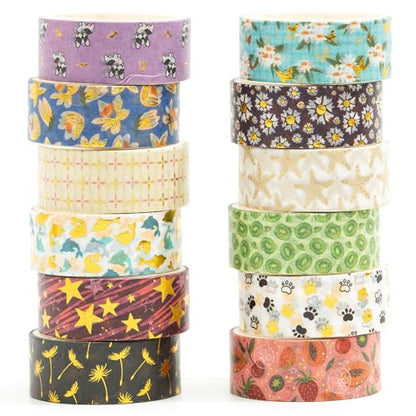 12 Rolls Charming Washi Tape Set Gold Silver Foil Detailing Arts Adhesive Tapes Basic Patterns Decorative Masking Tape Sets for Craft (12 Count)