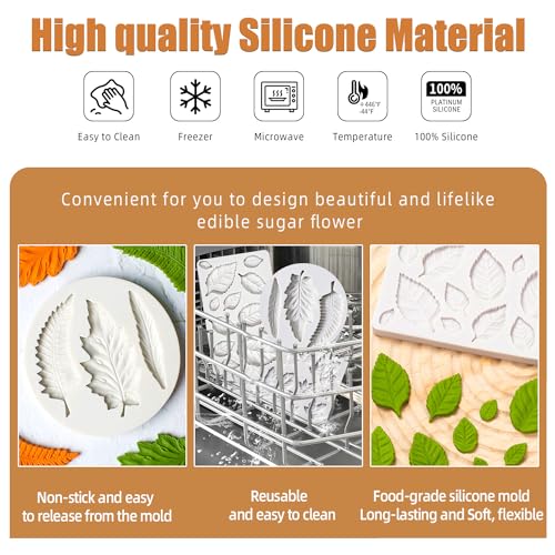3pcs Leaf Fondant Mold Rose Leaves 3D Leaf Silicone Mold for Chocolate Candy Maple Leaf Sugar Craft Cake Decoration (3 Count)