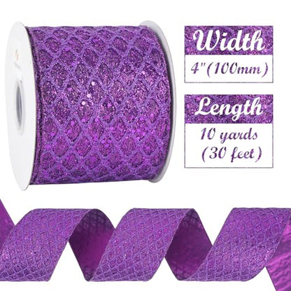 Purple Glitter Diamond Christmas Wired Ribbon 4 inch x 10 Yards (30 Foot)