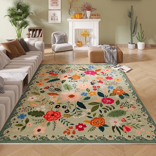 Living Room Rug 6x9 Rug Machine Washable Boho Area Rug Non Slip Floral Vintage Low Pile Large Rug for Living Room
