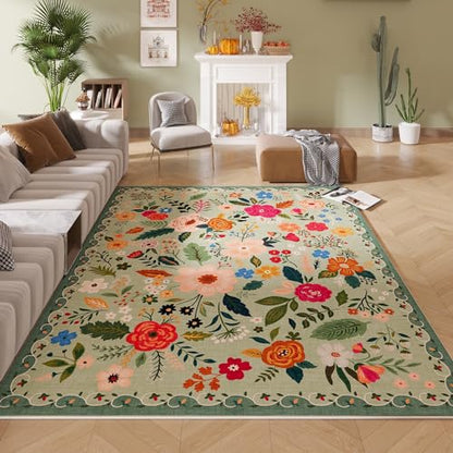 Area Rugs 9x12 Living Room Clearance Washable Boho Rug Non Slip Floral Vintage Low Pile Large Rug for Living Room (108 Sq Ft)